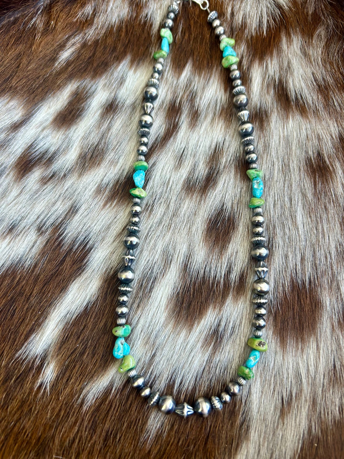 White Water & rare natural green edged lone mountain turquoise pearl necklace
