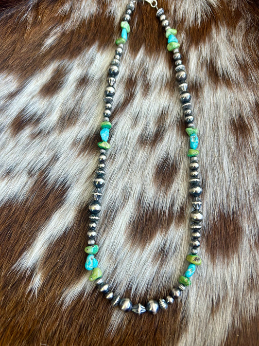White Water & rare natural green edged lone mountain turquoise pearl necklace