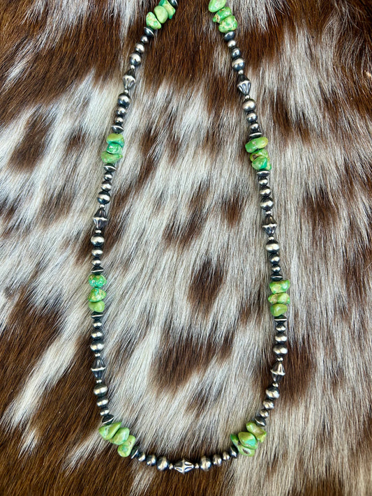 Rare Natural green edged lone mountain turquoise pearl necklace