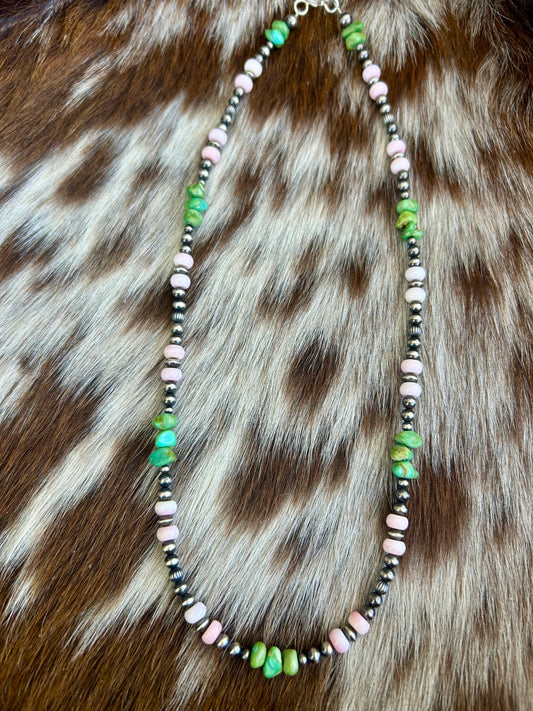 Rare Natural green edged lone mountain turquoise an pink conch pearl necklace